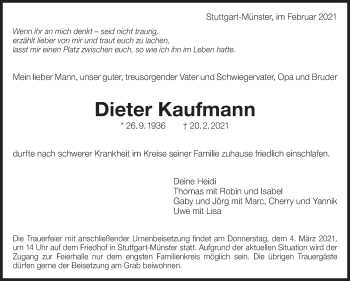 Traueranzeige von Dieter Kaufmann von Eßlinger Zeitung/Cannstatter Zeitung