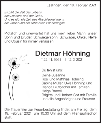Traueranzeige von Dietmar Höhning von Eßlinger Zeitung/Cannstatter Zeitung