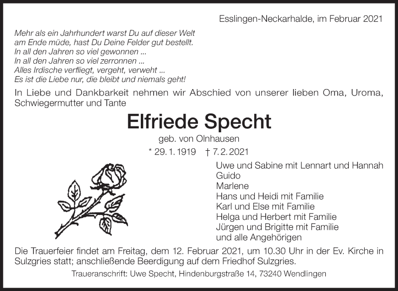  Traueranzeige für Elfriede Specht vom 09.02.2021 aus Eßlinger Zeitung/Cannstatter Zeitung