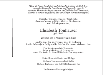 Traueranzeige von Elisabeth Tonhauser von Eßlinger Zeitung/Cannstatter Zeitung