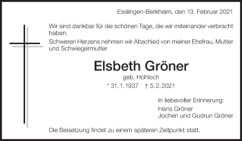 Traueranzeige von Elsbeth Gröner von Eßlinger Zeitung/Cannstatter Zeitung