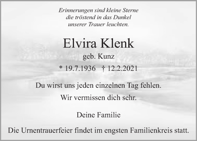  Traueranzeige für Elvira Klenk vom 24.02.2021 aus Eßlinger Zeitung/Cannstatter Zeitung
