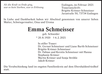 Traueranzeige von Emma Schmeisser von Eßlinger Zeitung/Cannstatter Zeitung
