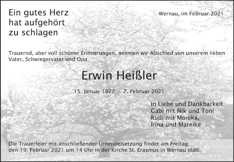 Traueranzeige für Erwin Heißler vom 16.02.2021 aus Eßlinger Zeitung/Cannstatter Zeitung