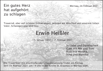 Traueranzeige von Erwin Heißler von Eßlinger Zeitung/Cannstatter Zeitung
