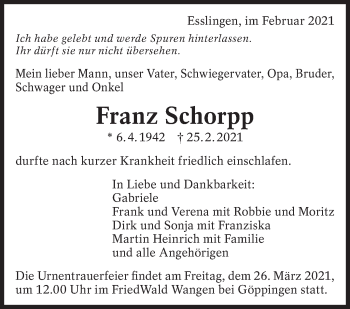 Traueranzeige von Franz Schorpp von Eßlinger Zeitung/Cannstatter Zeitung