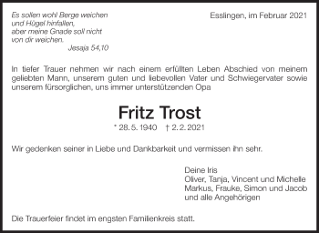 Traueranzeige von Fritz Trost von Eßlinger Zeitung/Cannstatter Zeitung