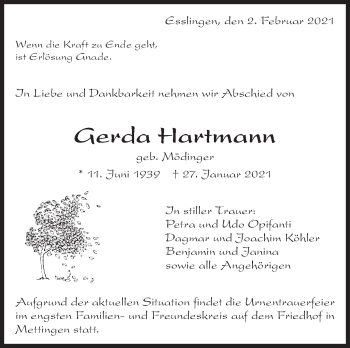 Traueranzeige von Gerda Hartmann von Eßlinger Zeitung/Cannstatter Zeitung