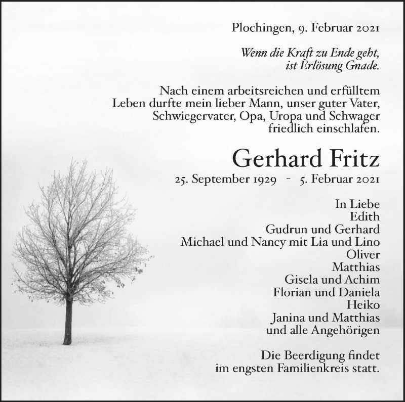  Traueranzeige für Gerhard Fritz vom 09.02.2021 aus Eßlinger Zeitung/Cannstatter Zeitung