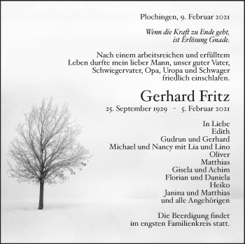 Traueranzeige von Gerhard Fritz von Eßlinger Zeitung/Cannstatter Zeitung