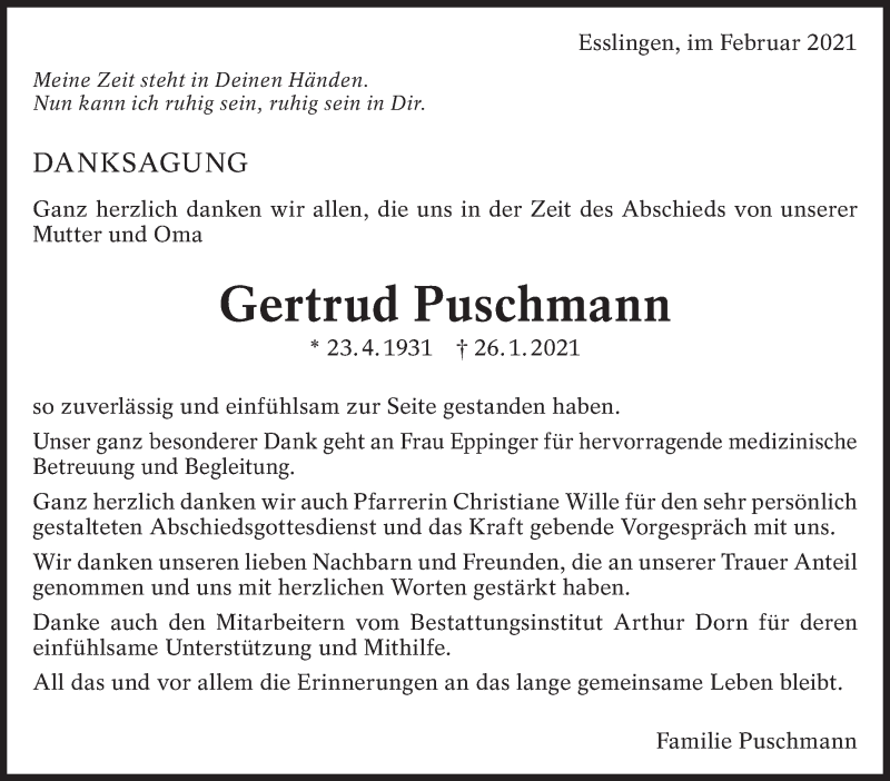  Traueranzeige für Gertrud Puschmann vom 06.02.2021 aus Eßlinger Zeitung/Cannstatter Zeitung