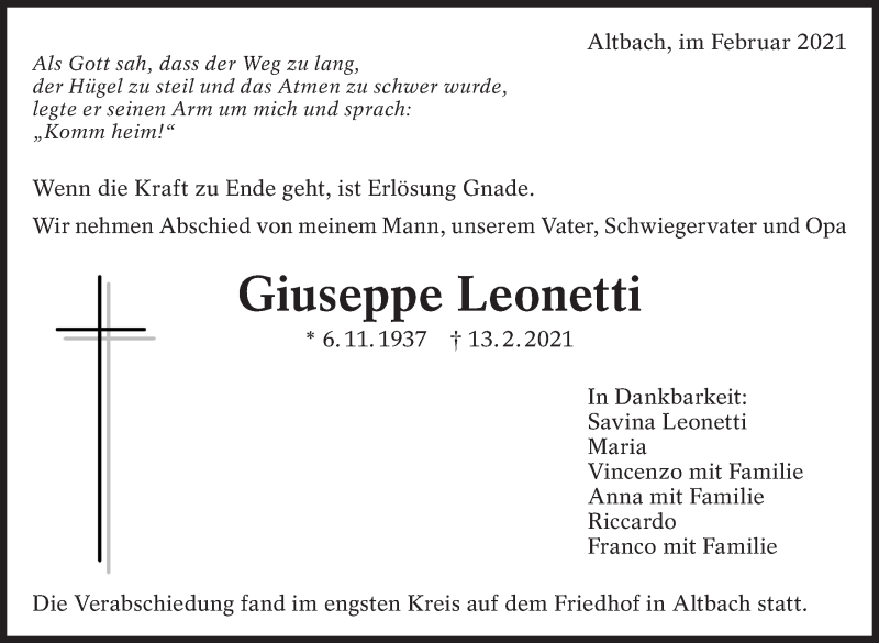  Traueranzeige für Giuseppe Leonetti vom 20.02.2021 aus Eßlinger Zeitung/Cannstatter Zeitung