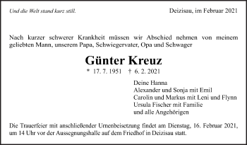 Traueranzeige von Günter Kreuz von Eßlinger Zeitung/Cannstatter Zeitung