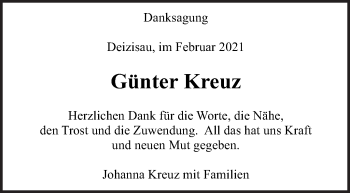 Traueranzeige von Günter Kreuz von Eßlinger Zeitung/Cannstatter Zeitung