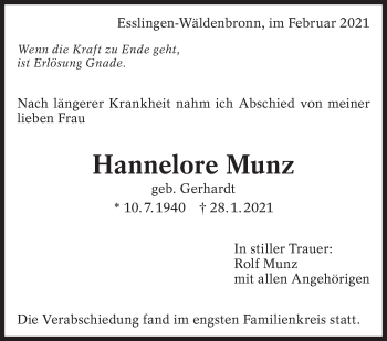 Traueranzeige von Hannelore Munz von Eßlinger Zeitung/Cannstatter Zeitung