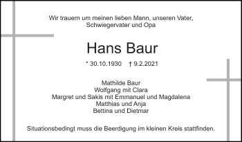 Traueranzeige von Hans Baur von Eßlinger Zeitung/Cannstatter Zeitung