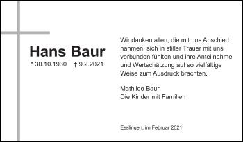 Traueranzeige von Hans Baur von Eßlinger Zeitung/Cannstatter Zeitung