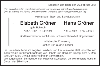 Traueranzeige von Hans Gröner von Eßlinger Zeitung/Cannstatter Zeitung