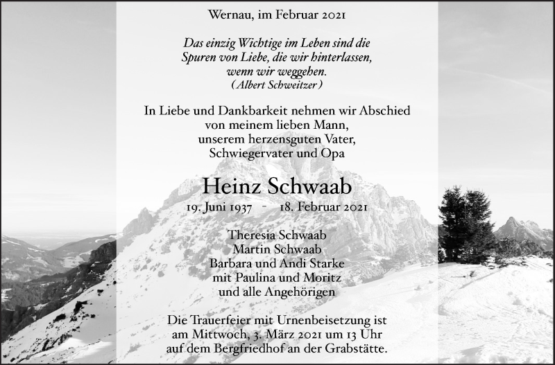  Traueranzeige für Heinz Schwaab vom 24.02.2021 aus Eßlinger Zeitung/Cannstatter Zeitung