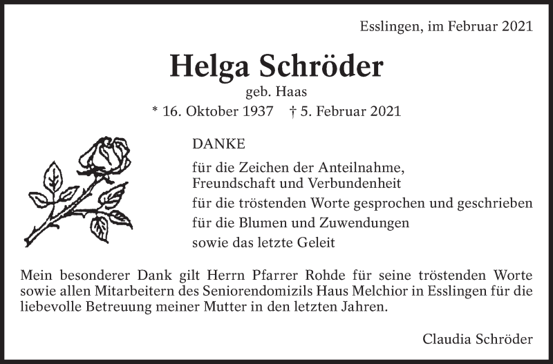  Traueranzeige für Helga Schröder vom 20.02.2021 aus Eßlinger Zeitung/Cannstatter Zeitung
