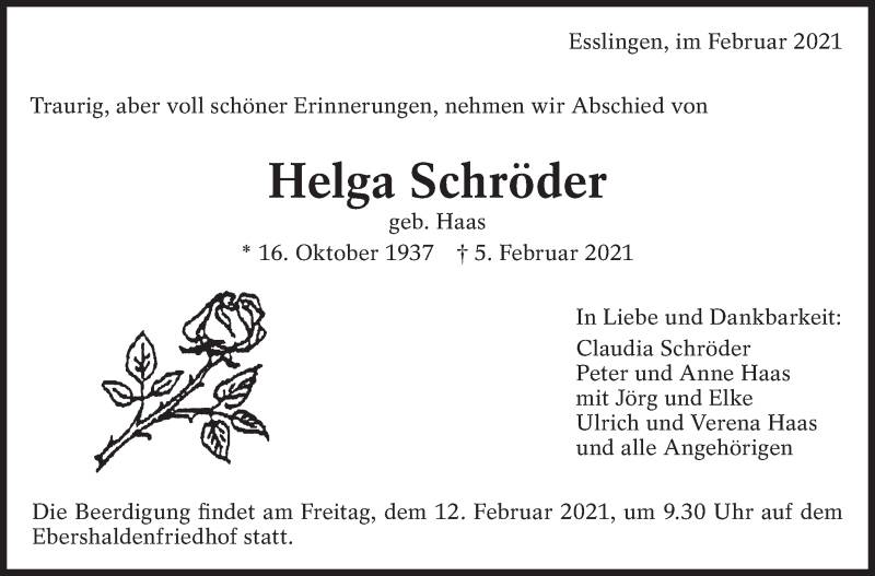  Traueranzeige für Helga Schröder vom 09.02.2021 aus Eßlinger Zeitung/Cannstatter Zeitung