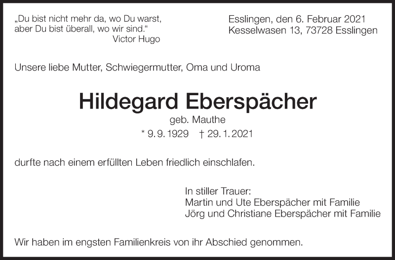 Traueranzeige für Hildegard Eberspächer vom 06.02.2021 aus Eßlinger Zeitung/Cannstatter Zeitung
