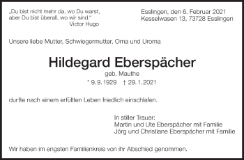 Traueranzeige von Hildegard Eberspächer von Eßlinger Zeitung/Cannstatter Zeitung
