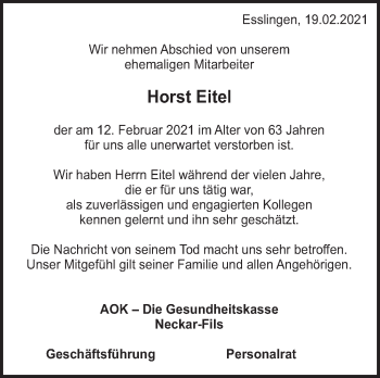 Traueranzeige von Horst Eitel von Eßlinger Zeitung/Cannstatter Zeitung