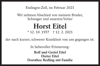 Traueranzeige von Horst Eitel von Eßlinger Zeitung/Cannstatter Zeitung