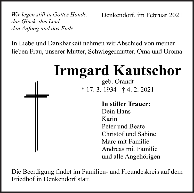  Traueranzeige für Irmgard Kautschor vom 06.02.2021 aus Eßlinger Zeitung/Cannstatter Zeitung