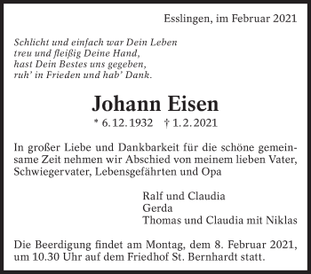 Traueranzeige von Johann Eisen von Eßlinger Zeitung/Cannstatter Zeitung