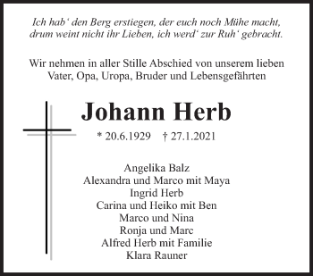 Traueranzeige von Johann Herb von Eßlinger Zeitung/Cannstatter Zeitung