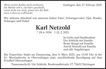 Traueranzeige von Karl Netzold von Eßlinger Zeitung/Cannstatter Zeitung