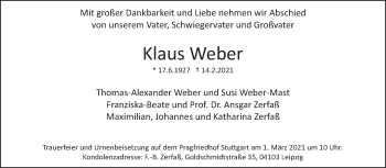 Traueranzeige von Klaus Weber von Eßlinger Zeitung/Cannstatter Zeitung