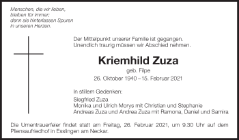Traueranzeige von Kriemhild Zuza von Eßlinger Zeitung/Cannstatter Zeitung