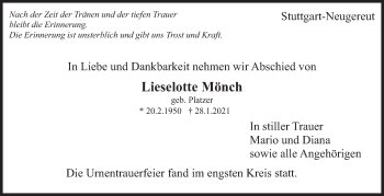Traueranzeige von Lieselotte Mönch von Eßlinger Zeitung/Cannstatter Zeitung