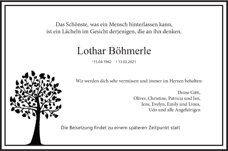  Traueranzeige für Lothar Böhmerle vom 18.02.2021 aus Eßlinger Zeitung/Cannstatter Zeitung