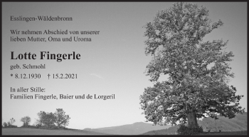 Traueranzeige von Lotte Fingerle von Eßlinger Zeitung/Cannstatter Zeitung