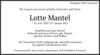 Traueranzeige von Lotte Mantel von Eßlinger Zeitung/Cannstatter Zeitung