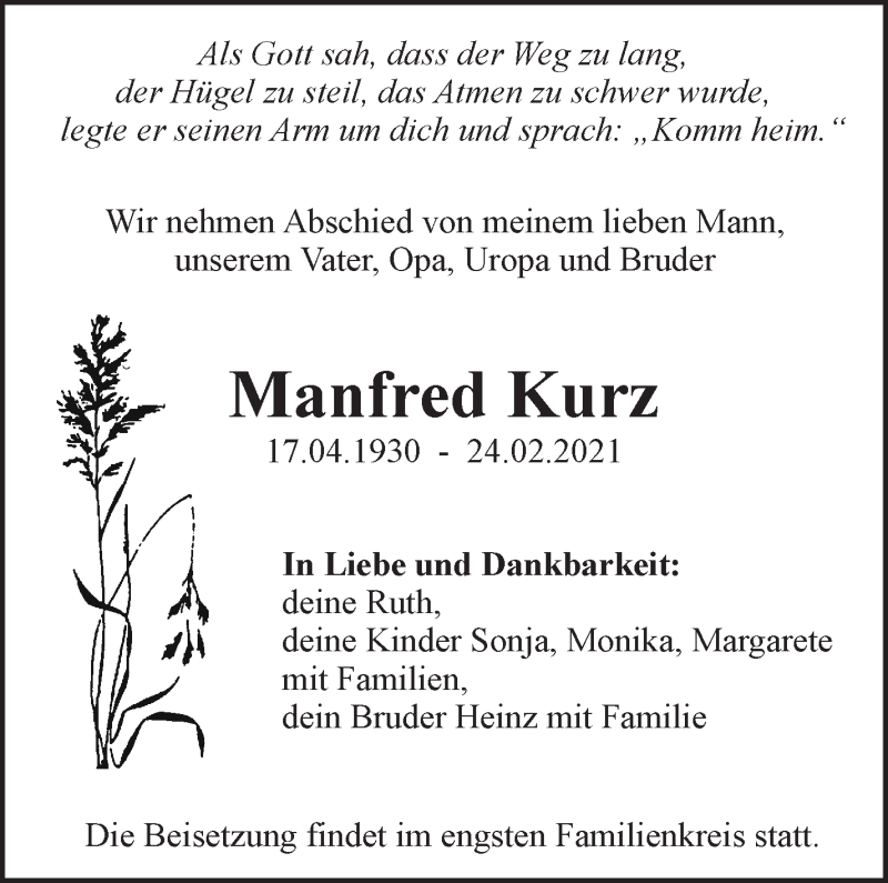  Traueranzeige für Manfred Kurz vom 27.02.2021 aus Eßlinger Zeitung/Cannstatter Zeitung