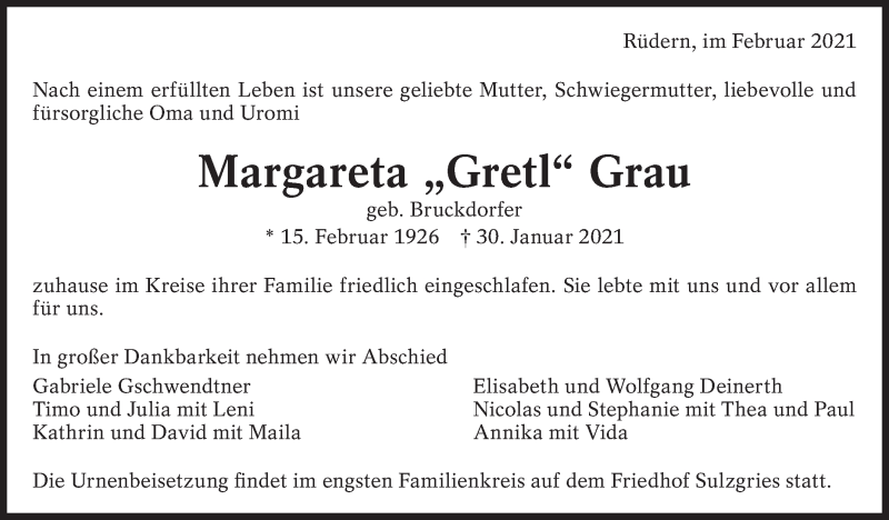  Traueranzeige für Margareta Grau vom 10.02.2021 aus Eßlinger Zeitung/Cannstatter Zeitung