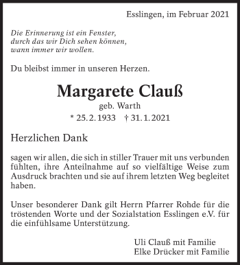Traueranzeige von Margarete Clauß von Eßlinger Zeitung/Cannstatter Zeitung
