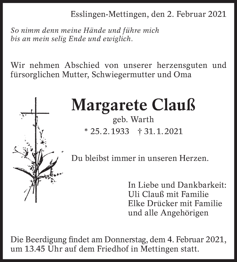  Traueranzeige für Margarete Clauß vom 02.02.2021 aus Eßlinger Zeitung/Cannstatter Zeitung