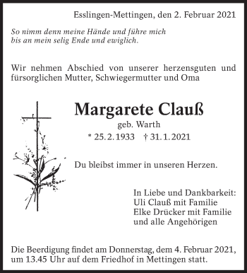 Traueranzeige von Margarete Clauß von Eßlinger Zeitung/Cannstatter Zeitung