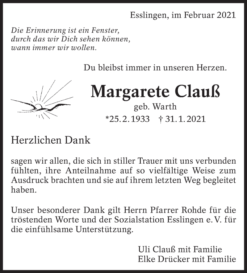  Traueranzeige für Margarete Clauß vom 19.02.2021 aus Eßlinger Zeitung/Cannstatter Zeitung