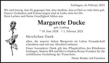 Traueranzeige von Margarete Ducke von Eßlinger Zeitung/Cannstatter Zeitung