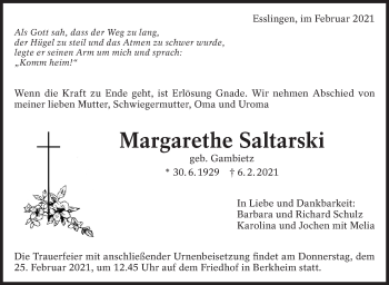 Traueranzeige von Margarethe Saltarski von Eßlinger Zeitung/Cannstatter Zeitung