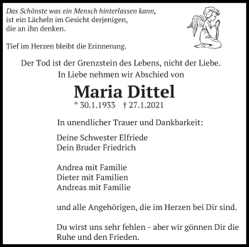 Traueranzeige von Maria Dittel von Eßlinger Zeitung/Cannstatter Zeitung