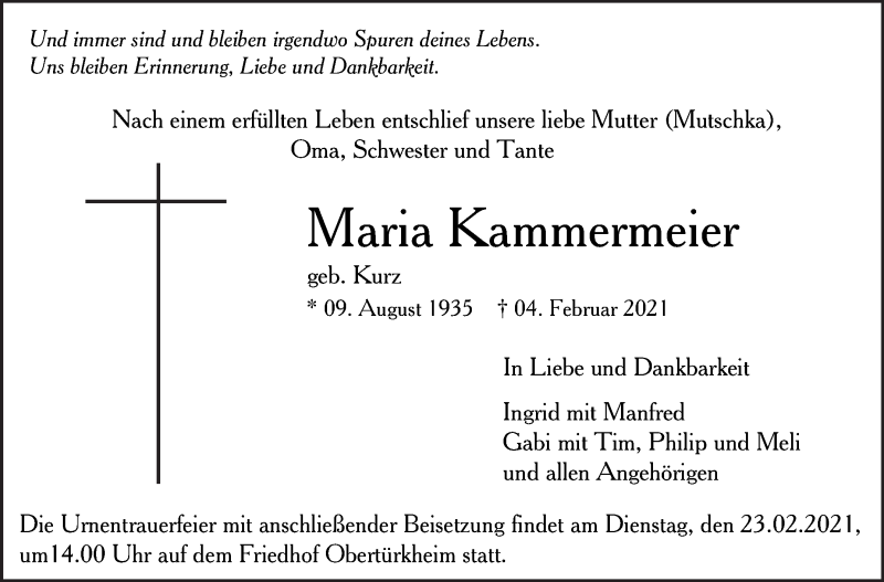  Traueranzeige für Maria Kammermeier vom 10.02.2021 aus Eßlinger Zeitung/Cannstatter Zeitung