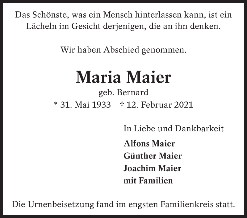  Traueranzeige für Maria Maier vom 27.02.2021 aus Eßlinger Zeitung/Cannstatter Zeitung